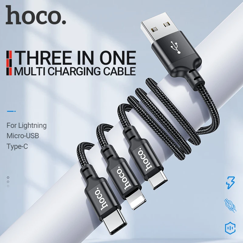 

hoco charging cable 3 in 1 for Lightning Type-C Micro USB C charger usbc wire 3in1 cord for iphone samsung xiaomi huawei nylon