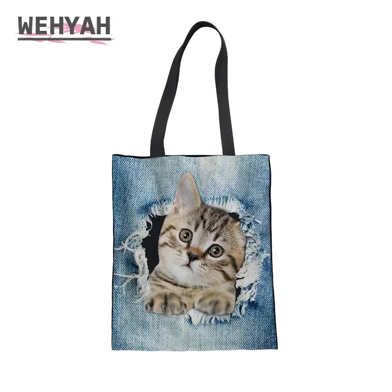 Wahyah 3D печать имитация джинсовой кошки сумки кошельки холщовая ручная сумка для