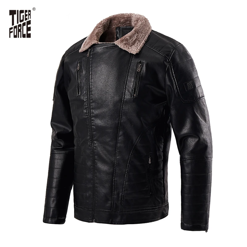 

TIGER FORCE Men Fashion Jacket Leather Jackets Solid Pockets Synthetic leather High quality Black Male leather jacket 70803