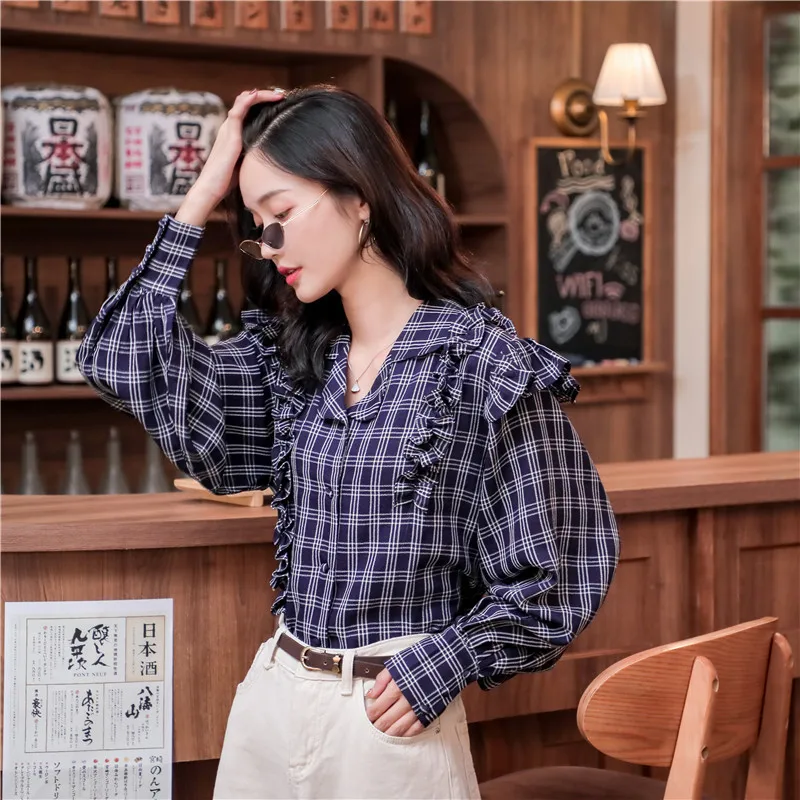 2019 Осень Зима Новая женская рубашка Ins в клетку с деревянными ушками пышными