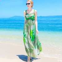silk summer dress women elegant beach long green dress printed fashion style high quality clothing free shipping hot selling