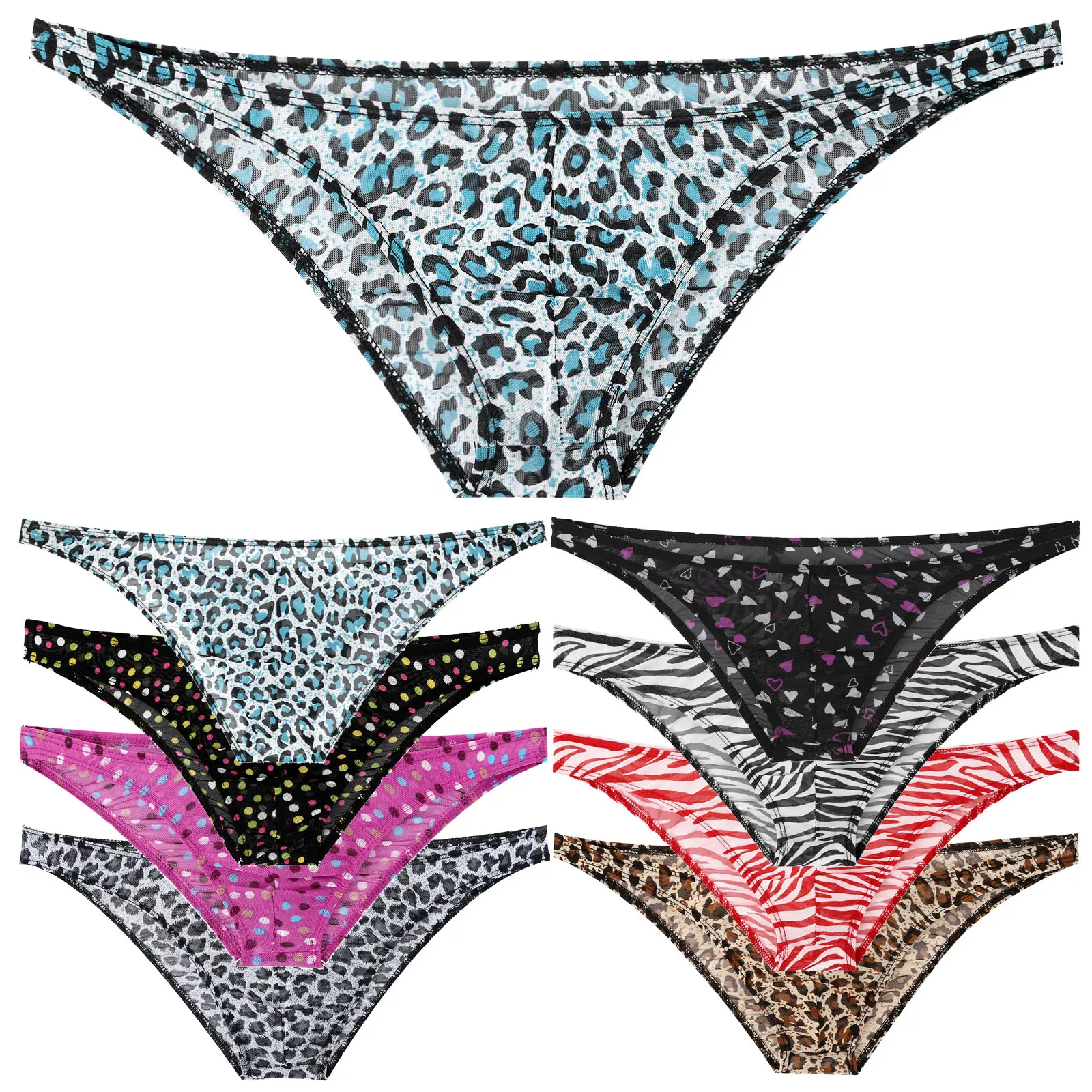 

Mens Lingerie Mini Briefs See-through Sheer Mesh Underwear Dots Leopard Printed Underpants Low Rise Elastic Waistband Panties
