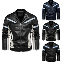 2021 new mens fashion pu leather jacket night reflective motorcycle jacket warm patchwork winter coat with zipper pocket