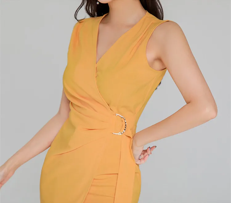 

JSXDHK Elegant Fashion Irregular Office Dress Women Summer V-neck Sheath Pencil Dresses Simple Sleeveless Bodycon Vestidos