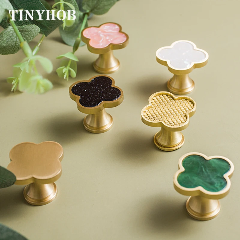 1 шт. четырехлистная форма клевера/зеленые латунные круглые дверные ручки и для