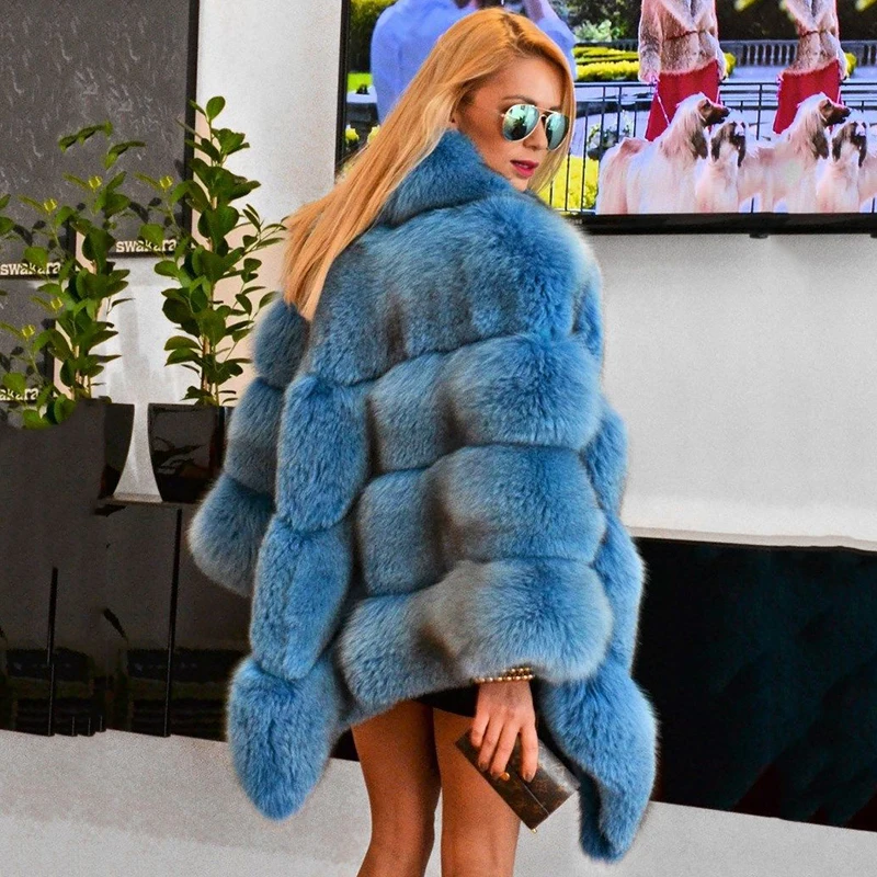 2022 New Winter Real Fox Fur Coat One Size Whole Skin Genuine Blue Fox Fur Capes Stand Collar Thick Warm Luxury Woman Outwear