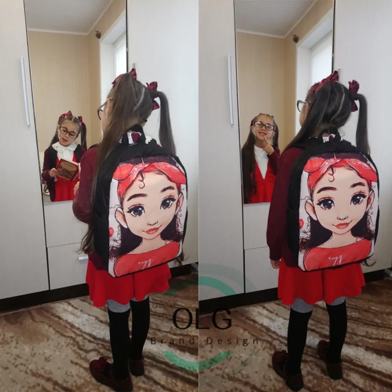 

LANLIN 15inch Schoolbag Girl Backpack Cartoon American Girls Print Book Bag School Supplies Student Daily Bagpack Zipper Bolsos
