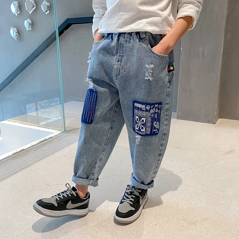 

Брюки-Капри Для Мальчиков, комбинированные джинсовые брюки, детская одежда для школы и занятий спортом на свежем воздухе, повседневные Форм...