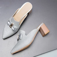 block heel mules shoes women high heels pointed toe bow outdoor slippers summer womens bling glitter slides shoes big size 10