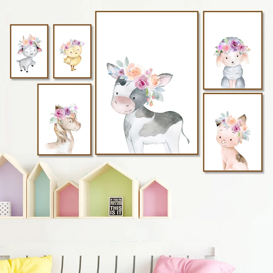 Мультфильм овцы свинья корова лошадь цветок Картина на холсте скандинавский