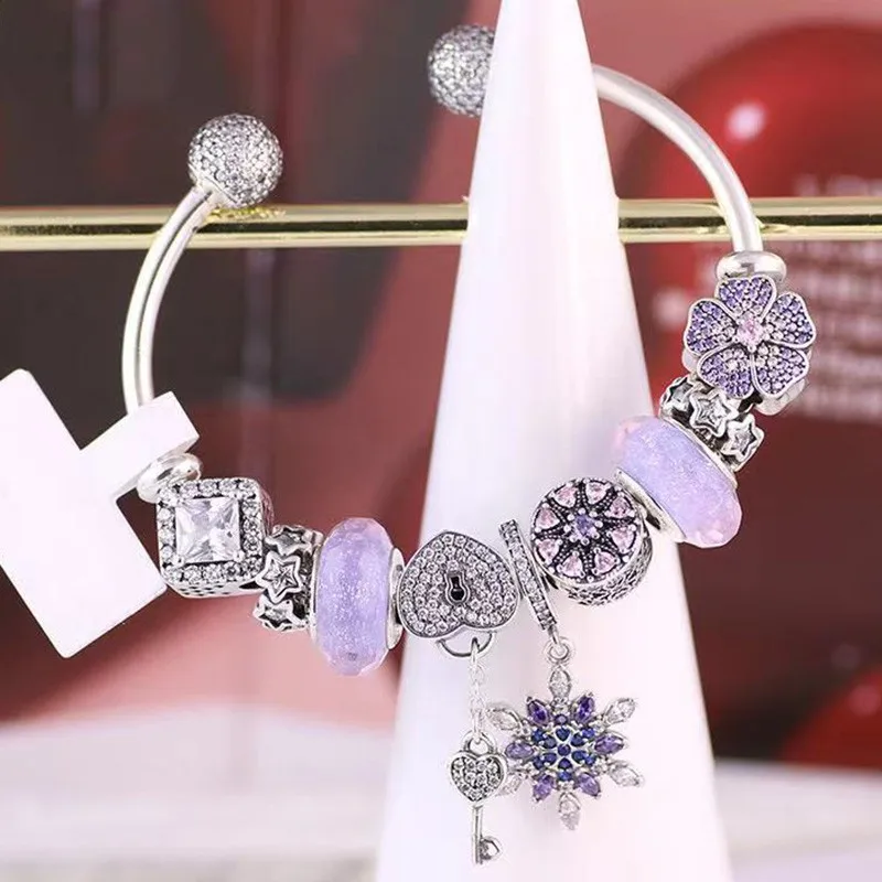 

Original S925 Sterling Silver Snowflake Pendant Heart-shaped Lock Beads With Open Bracelet For Women's Wedding Party Diy Jewelry