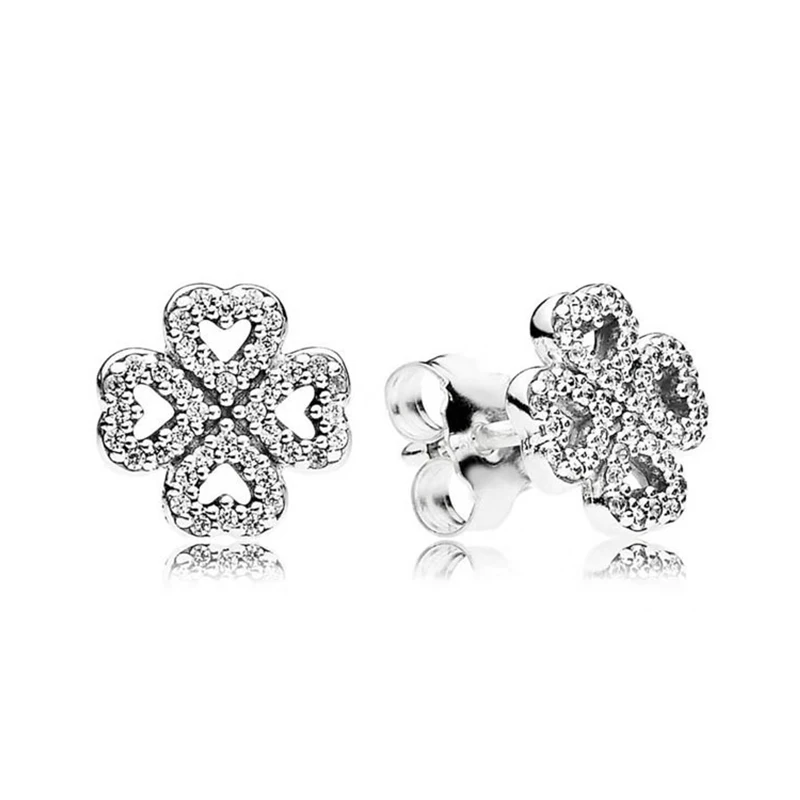 

925 Sterling Silver Pan Earring Clover Petals Of Love With Crystal Studs Earrings For Women Wedding Gift Fashion Jewelry