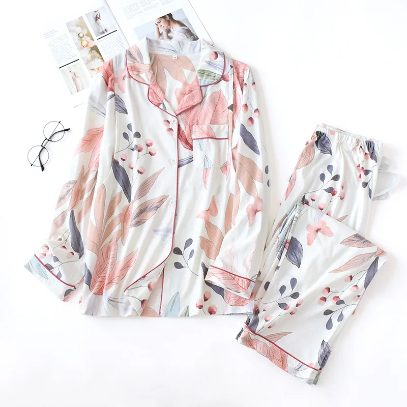 Женская трикотажная ночная рубашка из чистого хлопка с длинными рукавами и