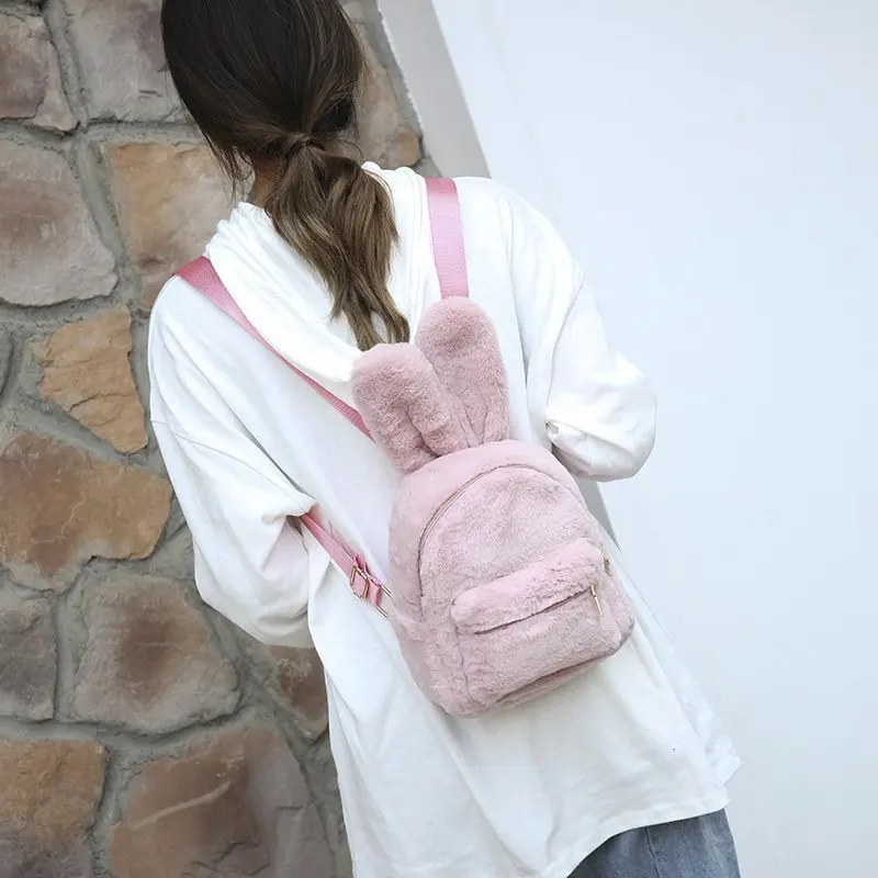 Kawaii Fluffy Bag Rabbit Ears Solid Plush Backpack For Women 2021 New Faux Fur Shoulders Bag Furry Mini Backpacks Korean Kids