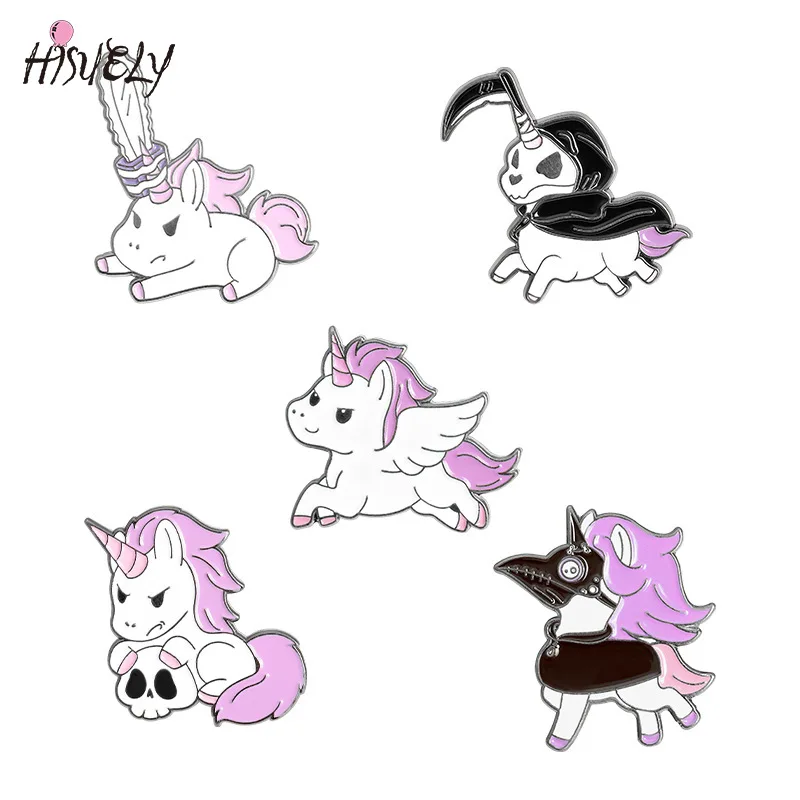 Creative cartoon high-end unicorn brooch pink skull pony five-piece cute suit fairy tale collar bag shirt fashion pin images - 6