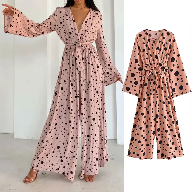 

PPYQYKX Za 2021 Women's Fashion Polka Dot Printed Loose Wide Leg Pants Autumn Retro Long Sleeve V-neck Casual Ladies Jumpsuit