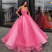 in fashoin pink prom dresses 2021 sweetheart sleeveless floor length tulle backless sweep train ball gown party gown