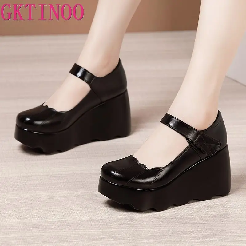 

GKTINOO 2021; Кожаные кроссовки; Женская обувь на танкетке/платформе/высоком каблуке; Круглый пальцы, лодыжки ремень черные женские туфли-лодочки...