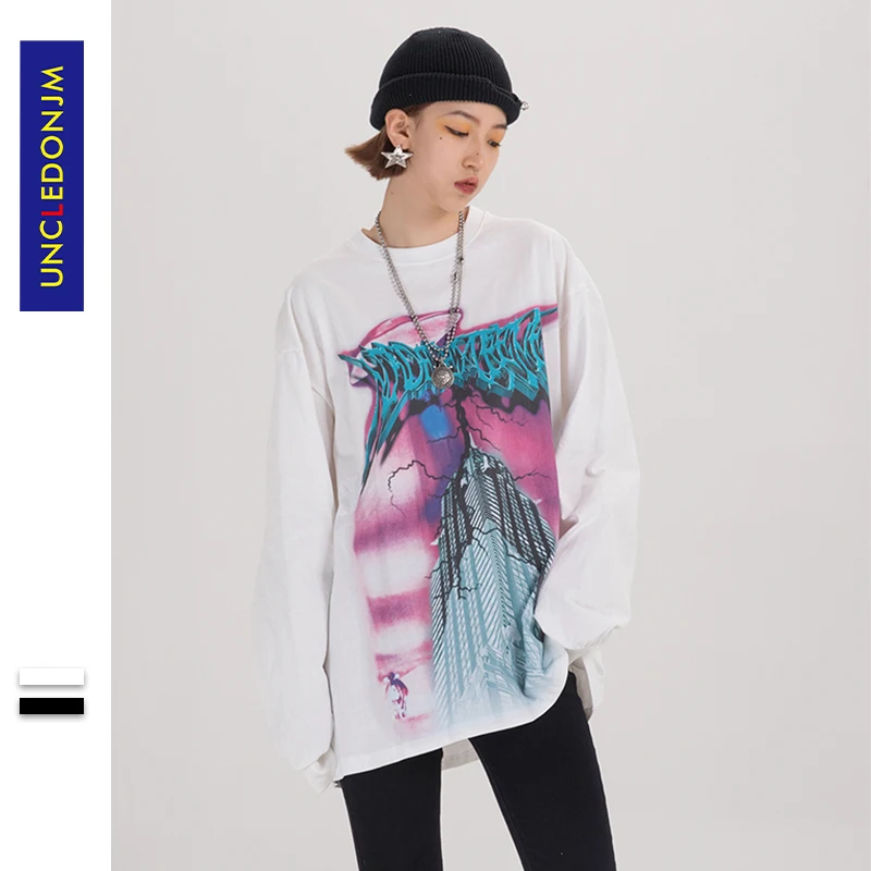 UNCLEDONJM молния размера плюс для женщин/мужчин с принтом Футболки длинным рукавом