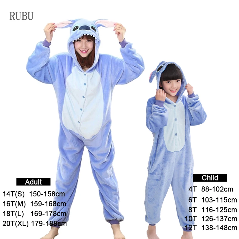 Blue stitch Winter Adult Kigurumi Pajamas Unicorn For Children Baby Girls Pyjamas Boys Sleepwear Animal Licorne Onesie Kids Costume Jumpsuit - Color: Blue stitch