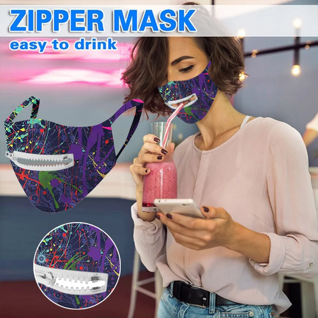 

Protective Mask Zipper Mask Easy to Drink Reusable Dust-Proof Smog wind cold PM2.5 proof face shield adult universal print maske
