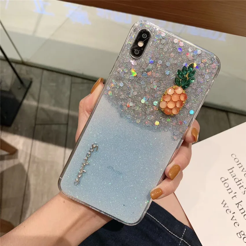 Блестящая Обложка с блестками 3D Ананас милый телефон чехол для iPhone 6 6s 7 8 Plus X Xr Xs Max