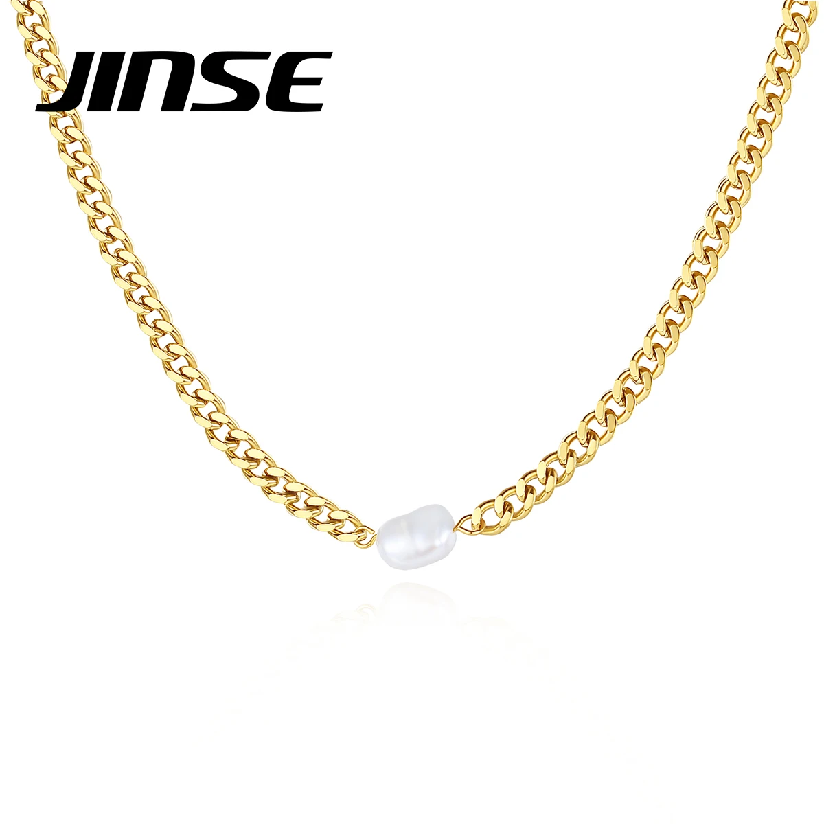 

JINSE Stainless Steel Baroque Irreguar Pendant Necklaces for Women Fashion Jewelry Gold Chain Cuba Link Chain Chokers Necklaces
