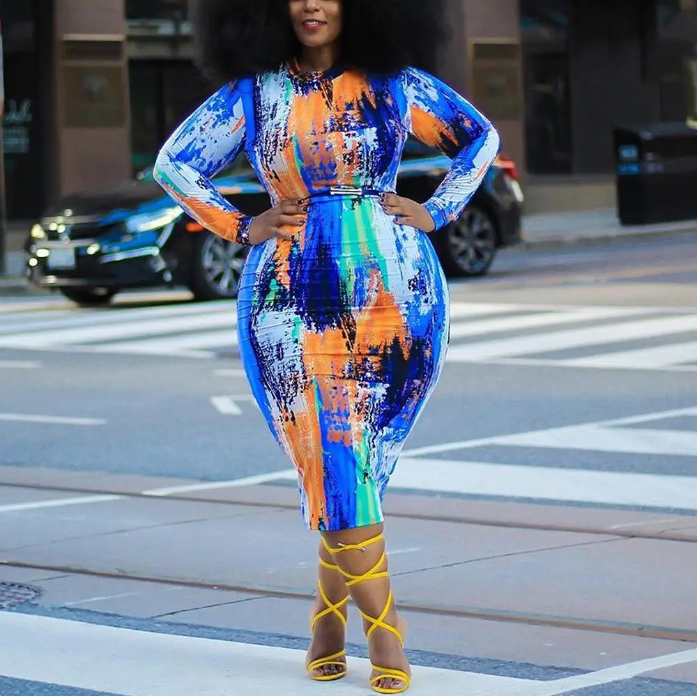 

4xl 5xl Plus Size African Dress Women Blue Printed Long Sleeve Mid Calf Large Elegant For Party Evening Night Dresses Midi 2021