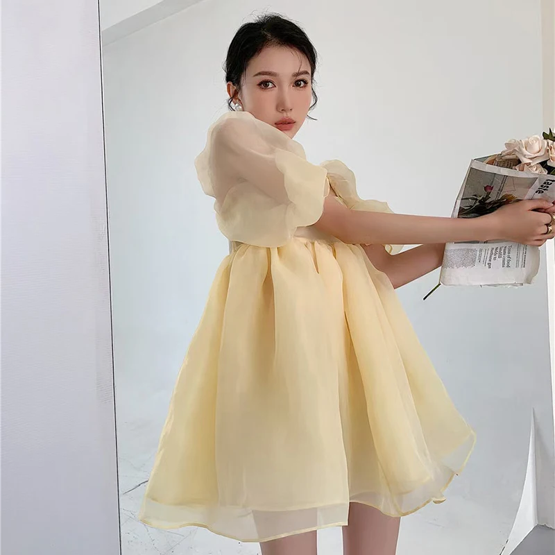 

GALCAUR Pullover Loose Dress For Women Square Collar Puff Short Sleeve High Waist Ruched Mini Dresses Female Fashion New Clothes