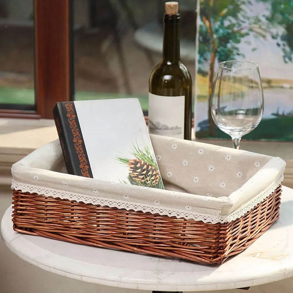 

1Pcs Woven Basket Hand-Woven Rectangular Rattan Wicker Basket Fruit Tea Snack Bread Picnic Cosmetic Storage Box Kitchen Supplie