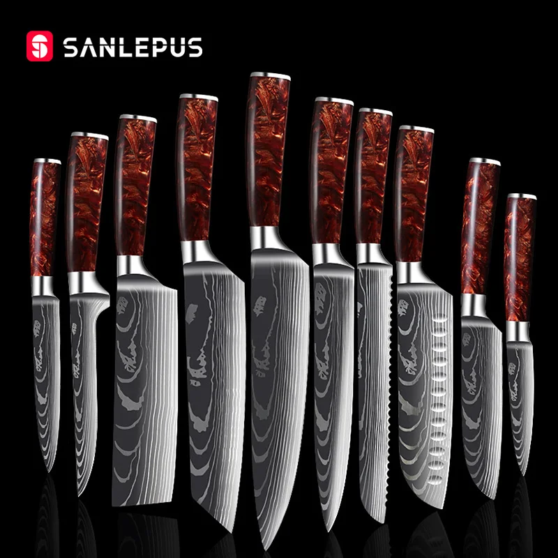 

Набор профессиональных кухонных ножей SANLEPUS, острые лезвия из японской нержавеющей стали, имитация Дамасского лазера, набор из 10 предметов