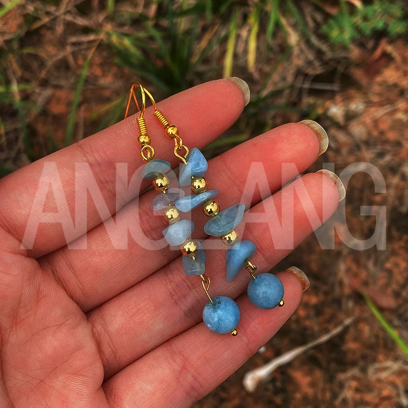 

Natural Stone Crystal Handmade Amethyst/Malachite Gravel Earrings For Women Stainless Steel Gold Beads Korean Pop Fashion Jewelr