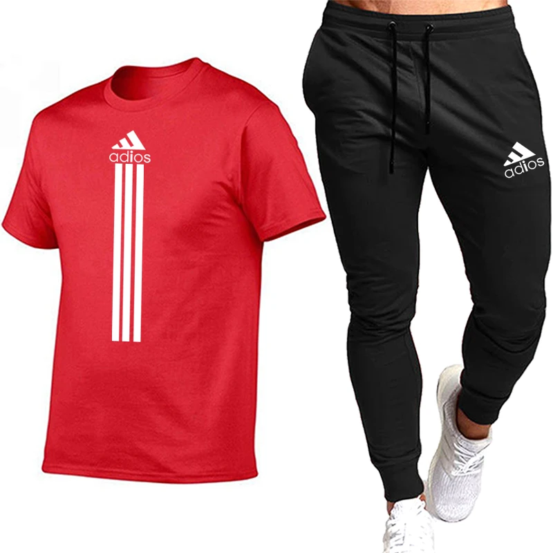 

2021 Summer Men's Breathable Round Neck T-shirt Rope Trousers Two-Piece Suit Solid Color Printing 2-Piece Set Sportswear