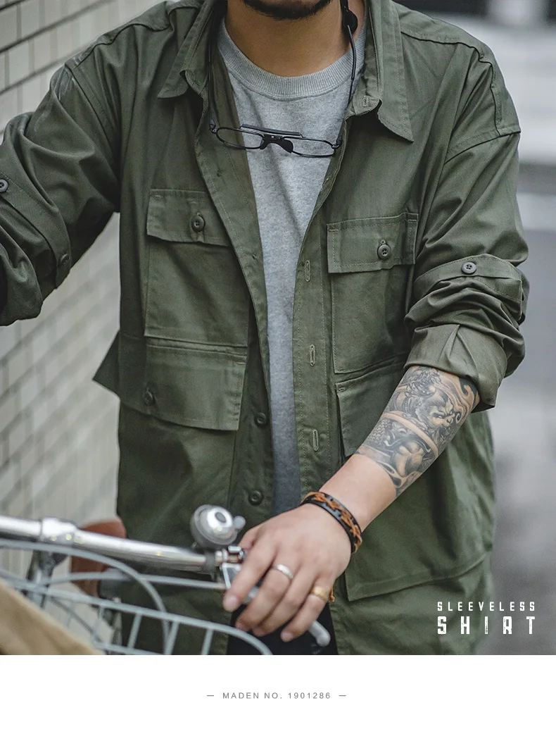 Maden Men's Retro Army Green Detachable Sleeve Shirt Vintage Big Pocket Shirt Men