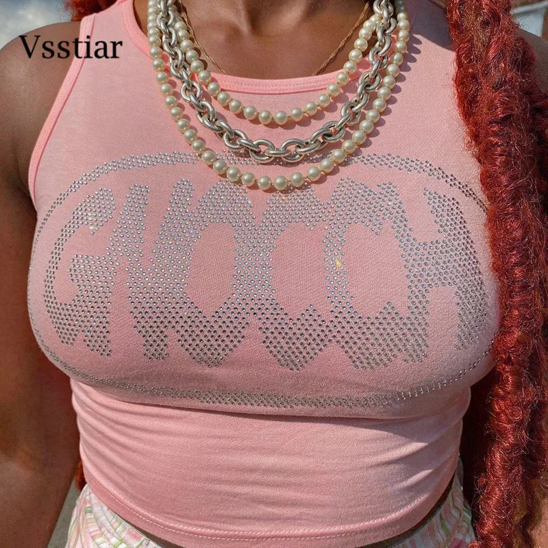 

Vsstiar Fashion Diamond Chic Tank Top Off Shoulder Sleeveless Women Vest Streetwear Solid Sheath Sexy Party Crop Top