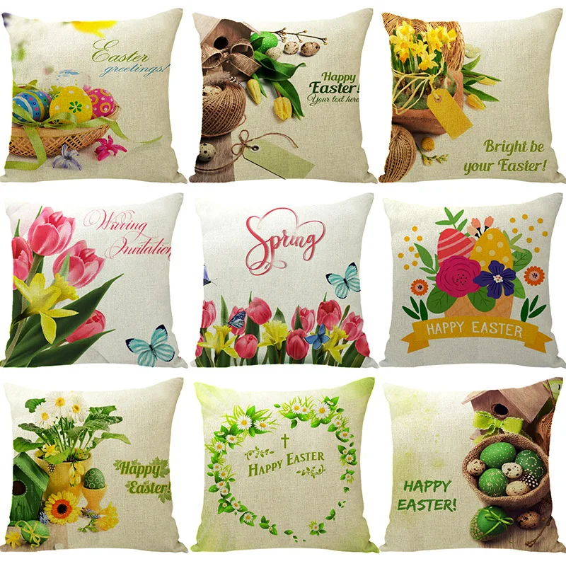 

Новинка, чехол-наволочка с зеленым и желтым пасхальным яйцом и буквенным принтом, Льняные декоративные подушки хорошего качества для диван...