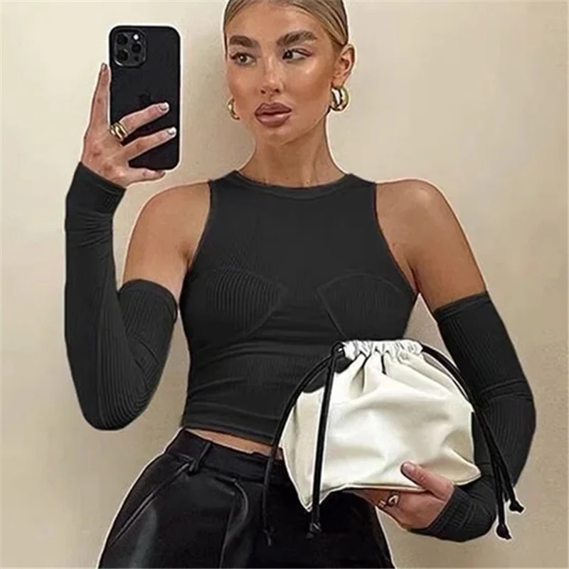 

Off-Shoulder Ruched Solid Color Long Sleeve Women Top Sexy Bodycon O Neck Short Tank Top Fashion Streetwear Female Tops