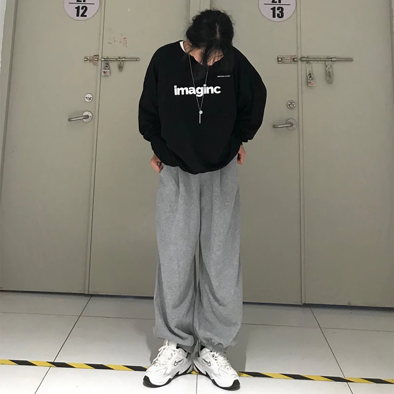 

Casual Sports Female Autumn and Winter New Korean Style Loose Solid Color for Students Ankle-Tied Harem Pants