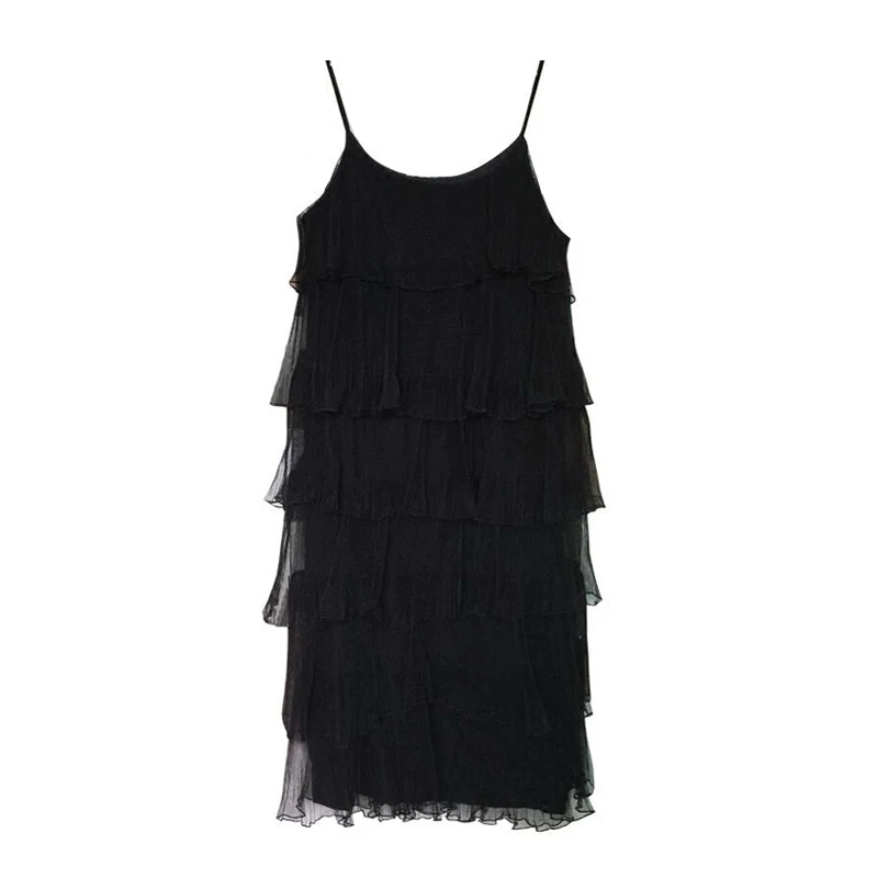 

PERHAPS U White Black Khaki Strap Sleeveless O Neck Straight Cascading Ruffle Midi Dress Summer D0713