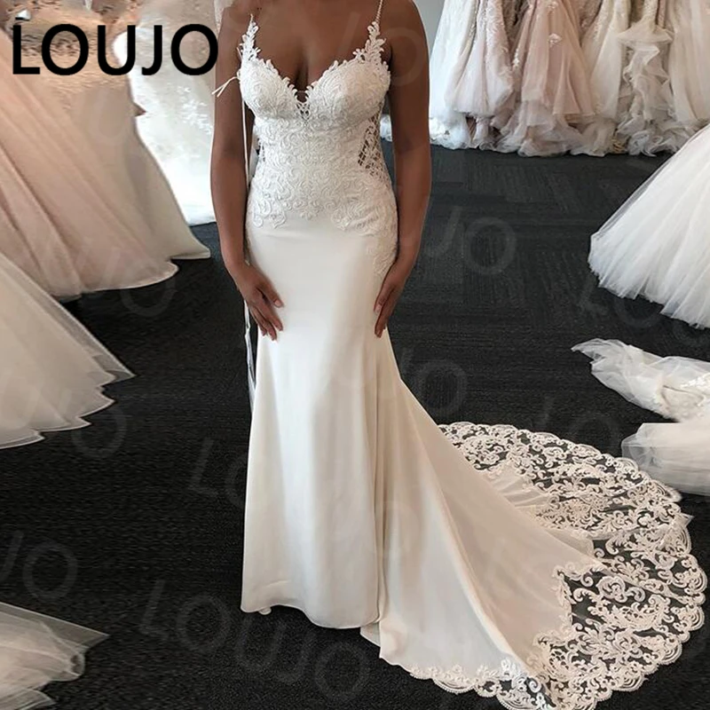 LUOJO Boho Wedding Dresses Puff Long Sleeves Sheer Lace Scoop Neck A-Line Appliques Floor Length Bride Dress Princess Wedding vintage wedding dresses
