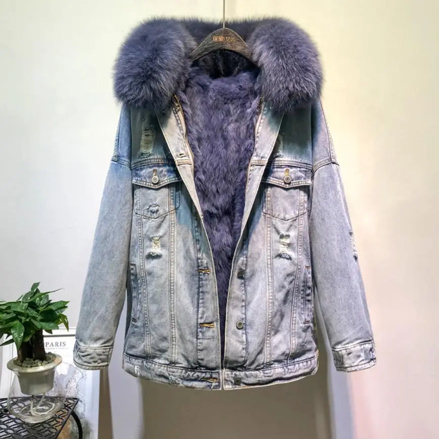 Женская джинсовая куртка с капюшоном теплая верхняя одежда из натурального