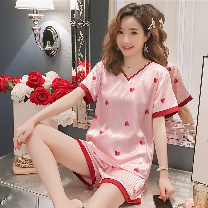 

Summer new V-neck jacquard silk like sweet peach heart printing Pullover home clothes shorts short sleeve pajamas