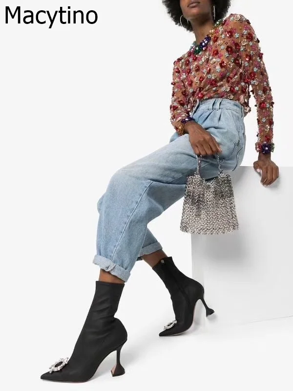 

Sexy Sock Boots Black Stretch Boots High Heels For Women Crystal Fashion Shoes 10cm Party Ankle Boots Booties Female