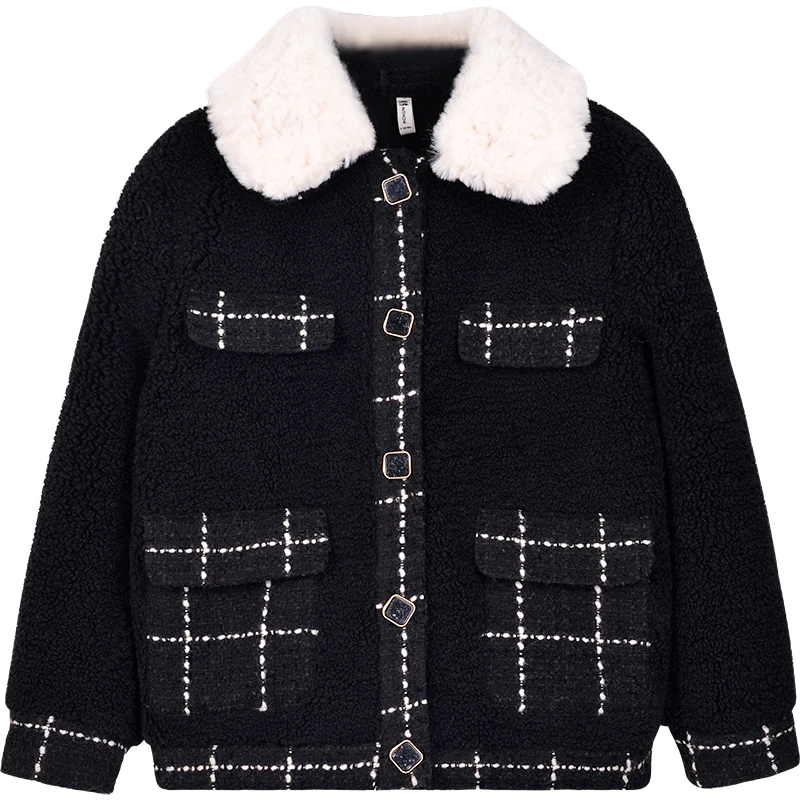 

Lambswool Lapel Crystal Buckle Coat Tops Atumn Winter Fashion Black Woolen Coat Women Causal