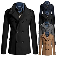 mens winter warm solid color double breasted trench coat long slim jacket business coats for men overcoat