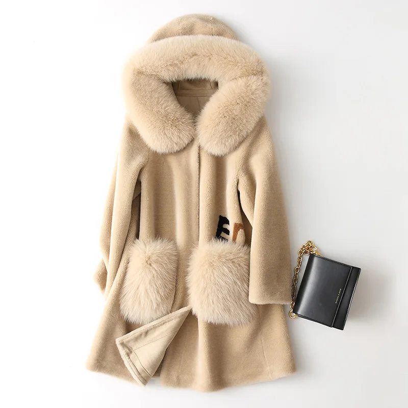 Пальто с капюшоном из лисьего меха пальто натурального на осень и зиму женская