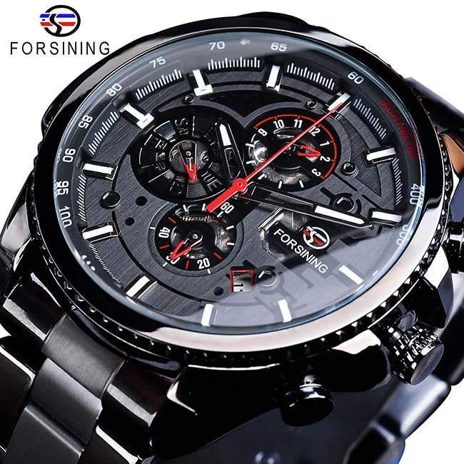 GMT1137-4 Forsining, лидер продаж, механические Автоматические Мужские часы, черные, нержавеющая сталь, водонепроницаемые, с календарем, 3 циферблата, модные, деловые, мужские часы - Цвет: GMT1137-4