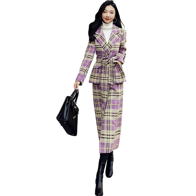 

Purple grid cloth coat female long winter 2020 new Europe and the United States to receive the waist coat 5029 fashion