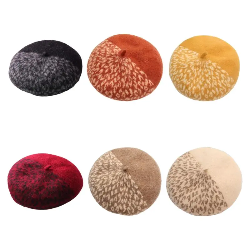 

Women Faux Wool Retro Beret Cap Leopard Dots Half Patchwork Painter Pumpkin Hat 2XPC