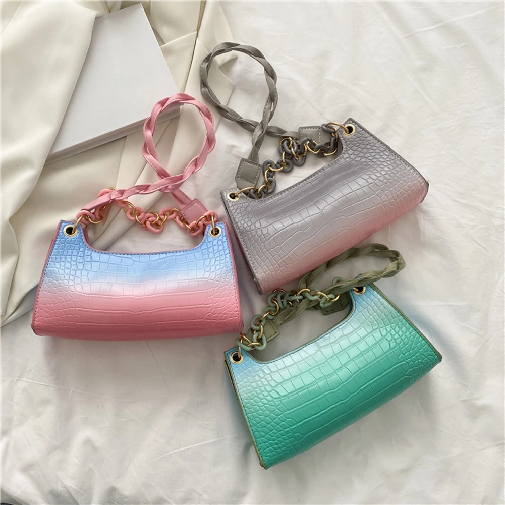 

New Arrival Women Alligator Pattern PU Leather Gradient Color Female Shoulder Bag Lady Thick Chain Mini Hobos Purses and Handbag